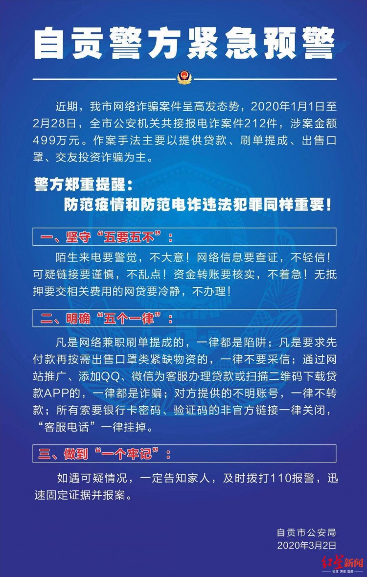自贡警方发布防范电信网络诈骗预警:一二月网售口罩和贷款诈骗猛增